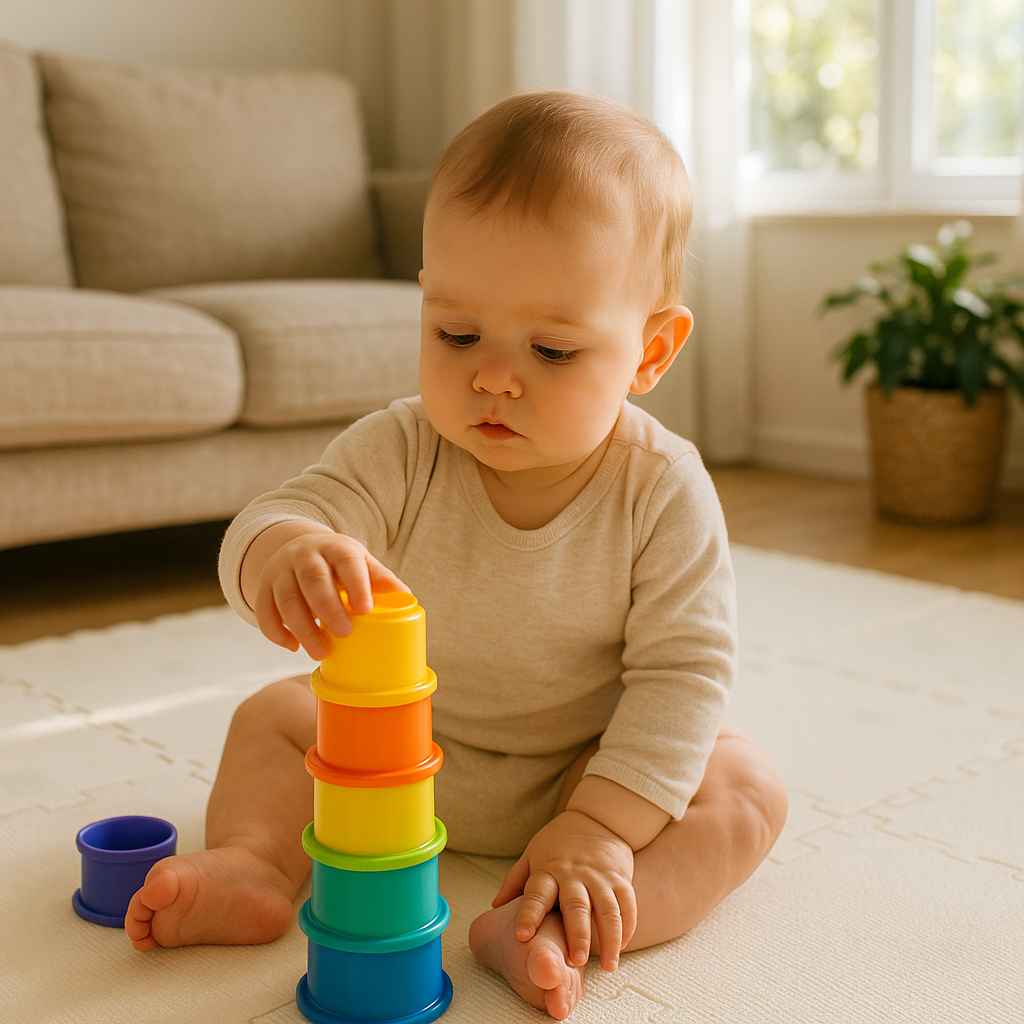 Baby stacking colorful cups on a play mat
