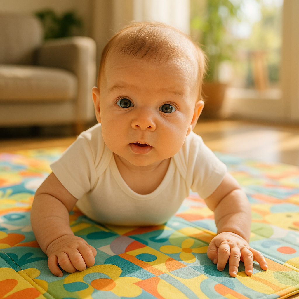 Three-month-old lifting head during tummy time