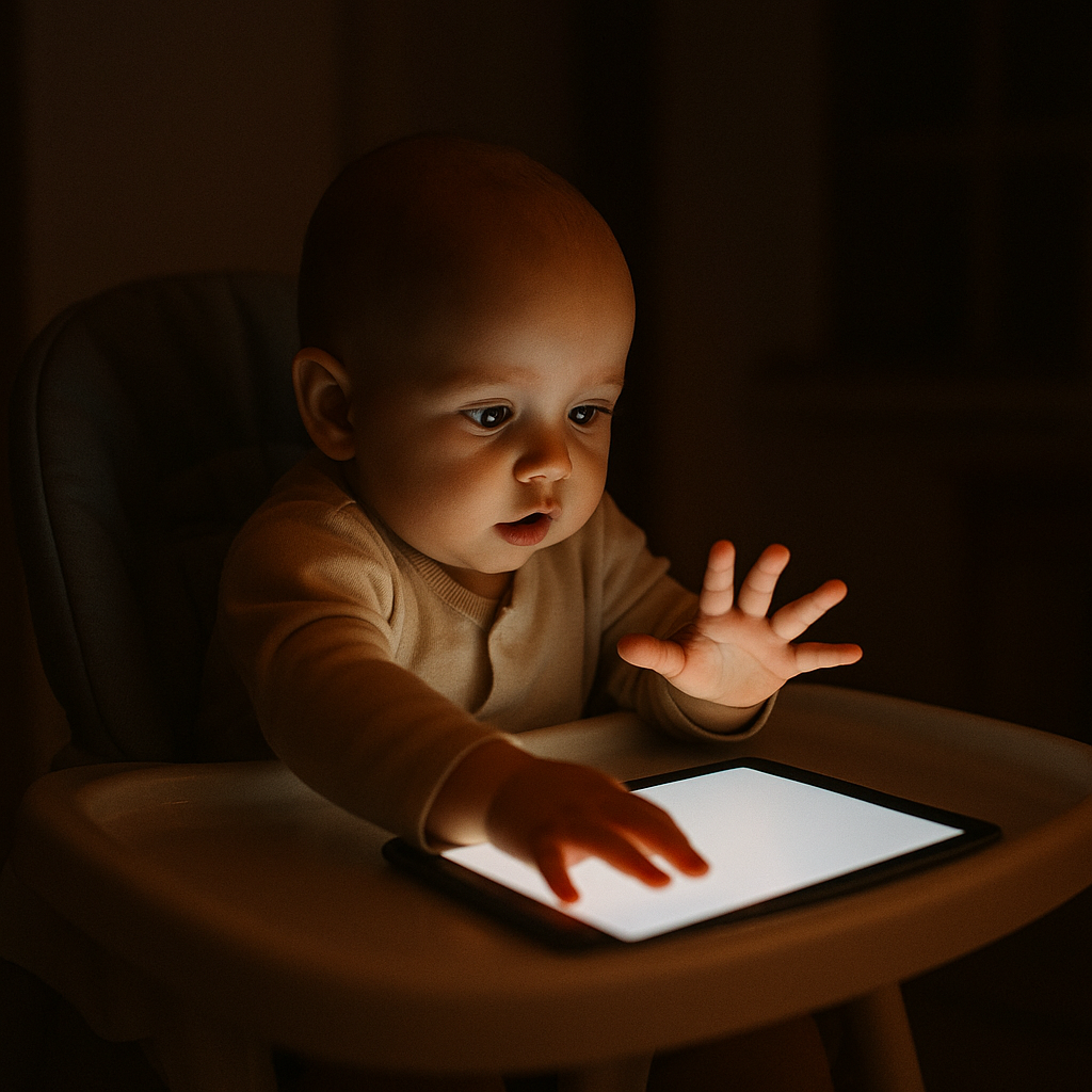 Infant staring at tablet