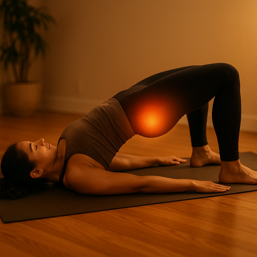 Woman practicing bridge pose with pelvic activation glow