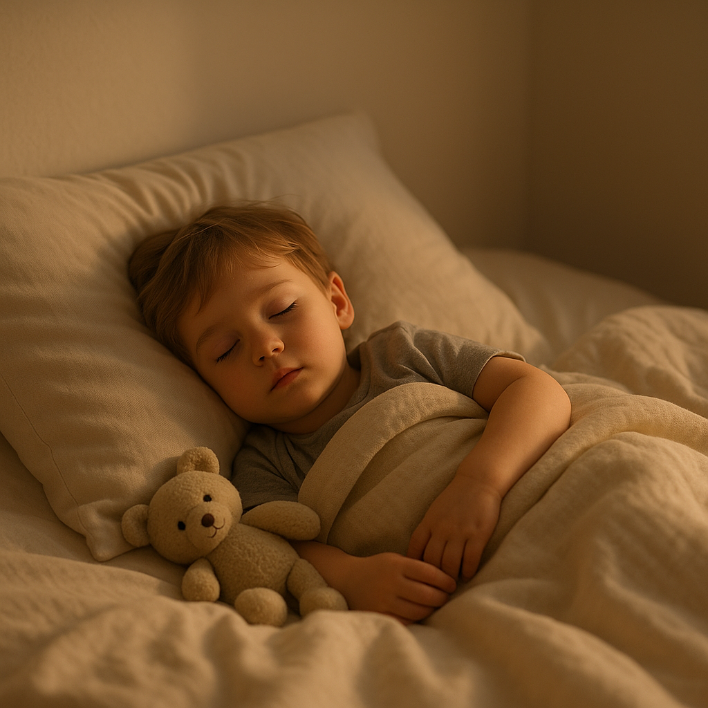 Child asleep in bed with no screens around