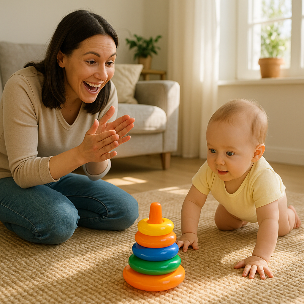 Parent clapping as baby crawls