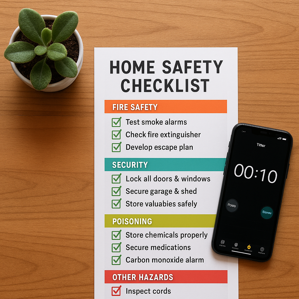 Color-coded home safety checklist on a desk
