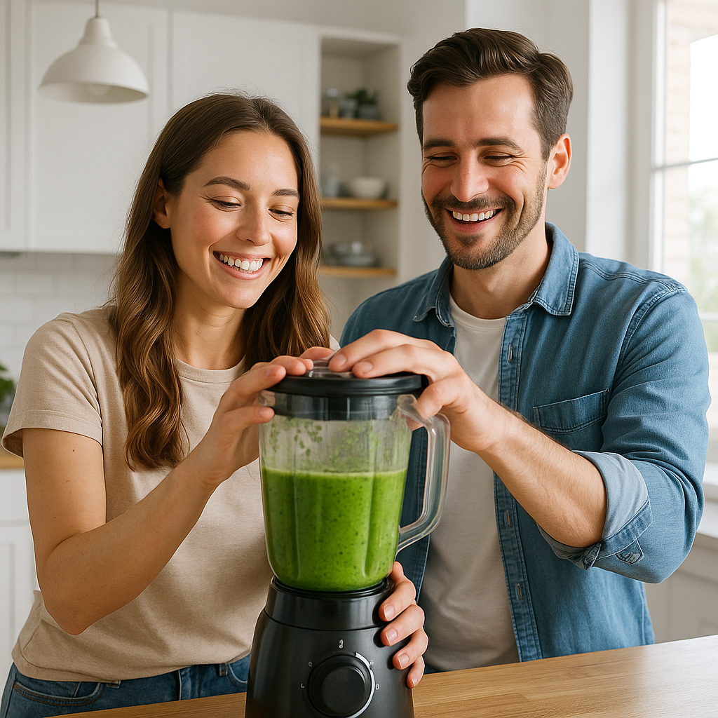 Couple blending a green smoothie