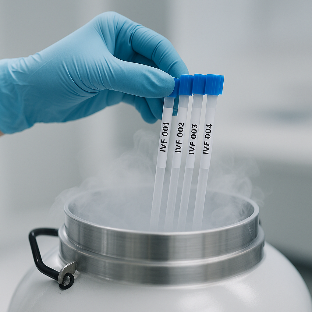 Embryologist lowering cryo straws into liquid nitrogen
