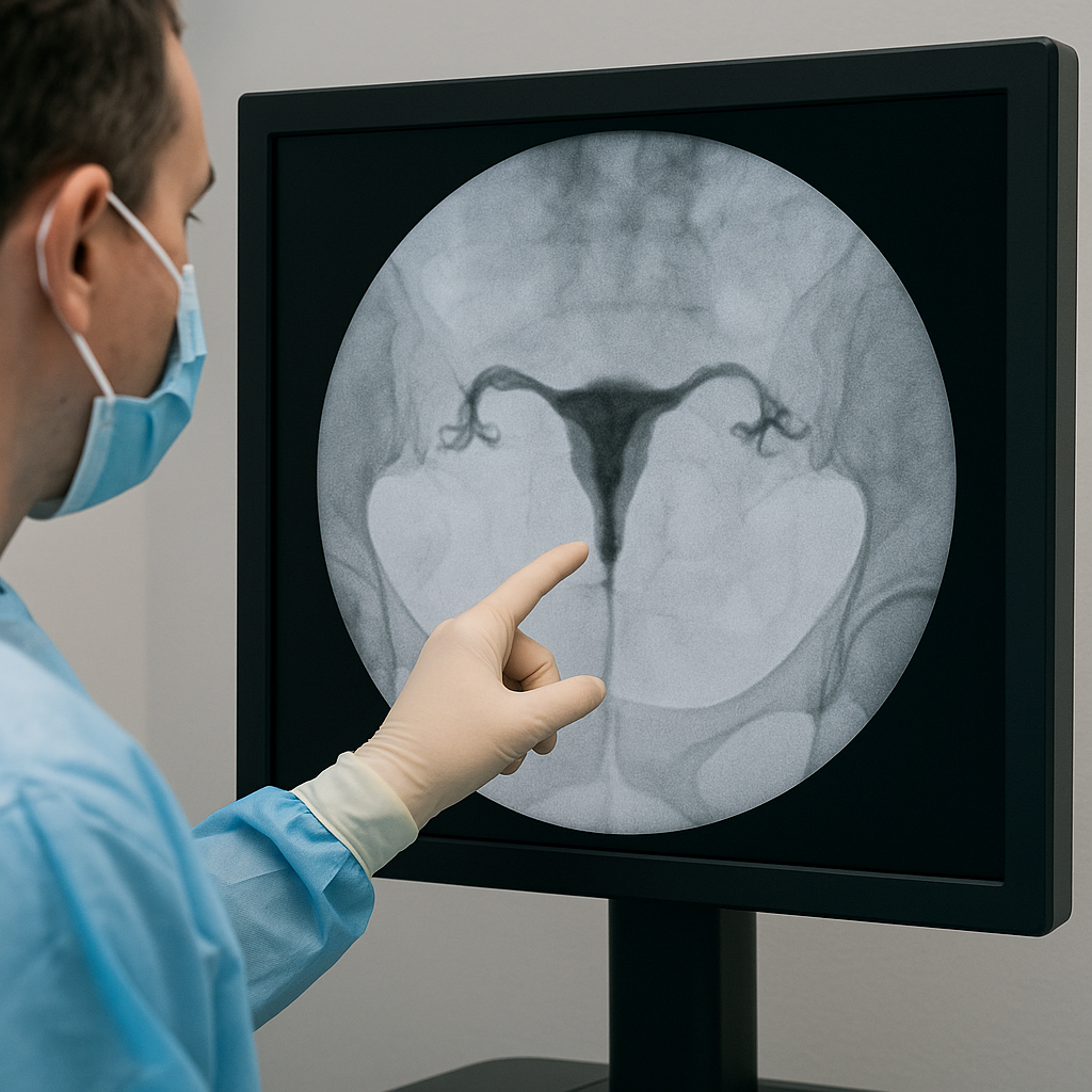 Fluoroscopy image of dye flowing through fallopian tubes