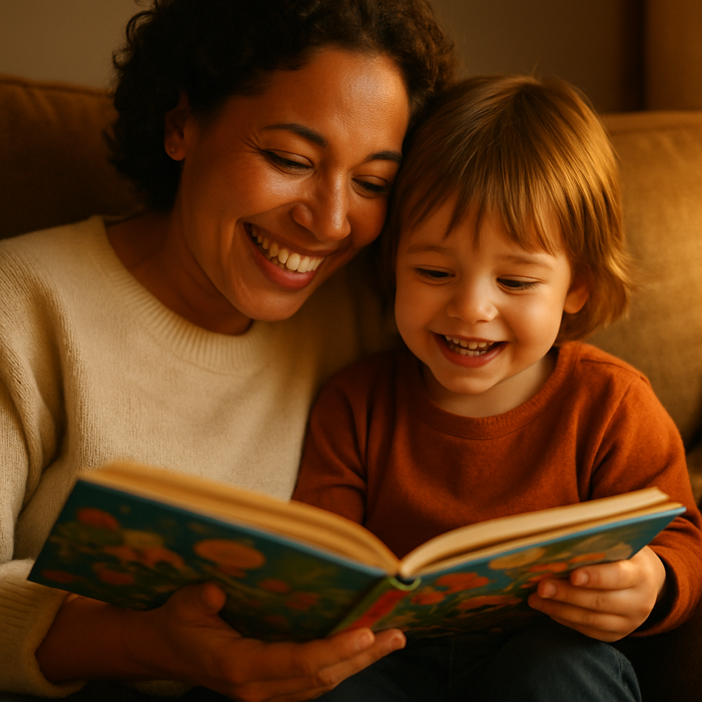 Happy parent and child reading a book together