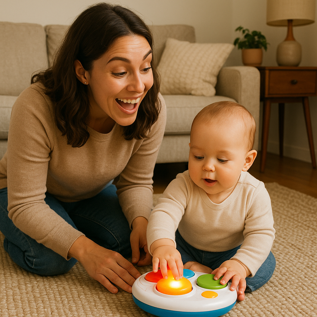 Parent crouching beside baby pressing a light-up button toy, smiling and narrating