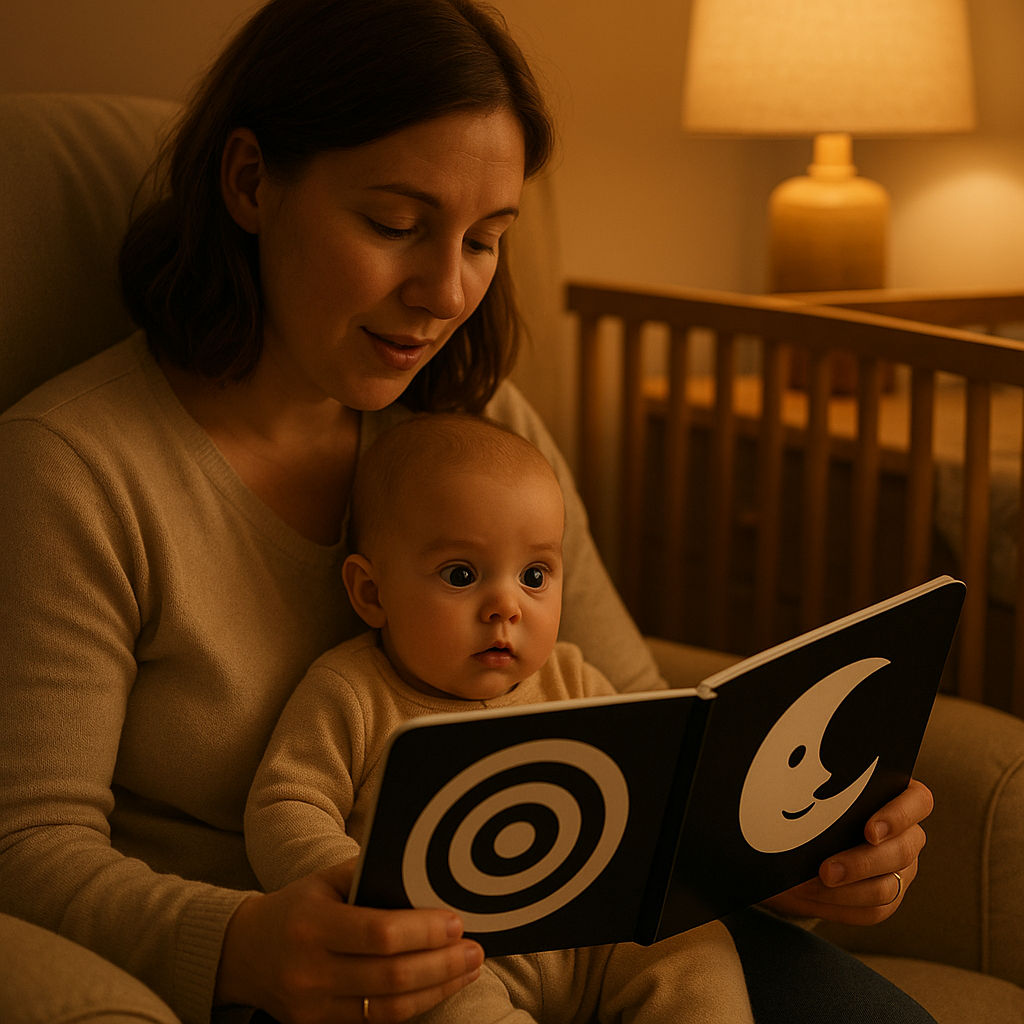 Parent reading colorful picture book to infant